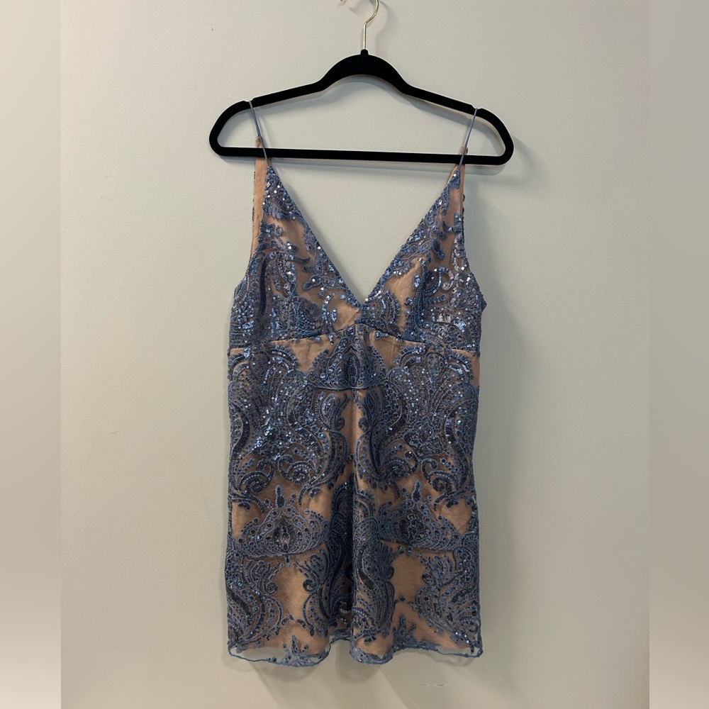 Free People tan and blue sequins mini dress